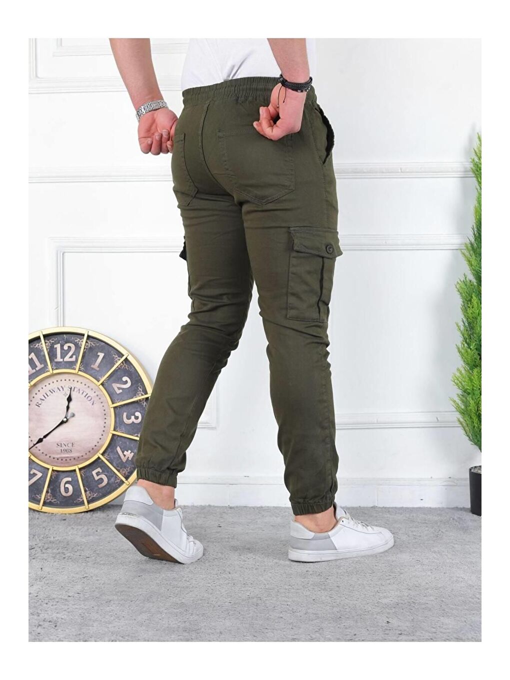 Haki Erkek Yıkamalı Elastanlı Kumaş Kargo Bel Paça Lastikli-2