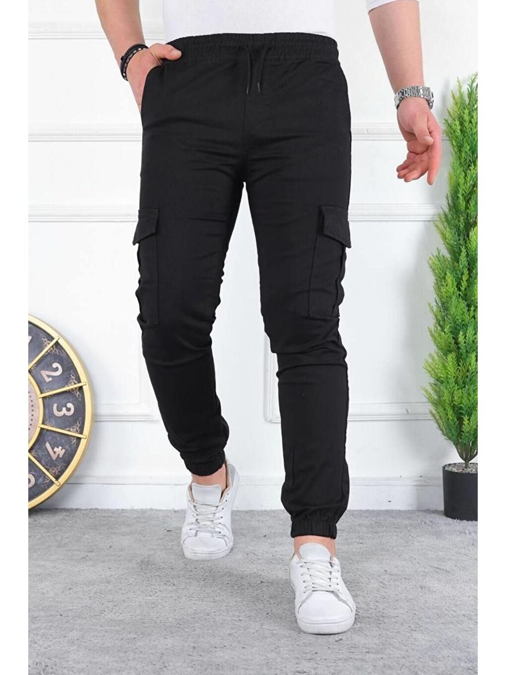 Siyah Erkek Yıkamalı Elastanlı Kumaş Kargo Bel Paça Lastikli