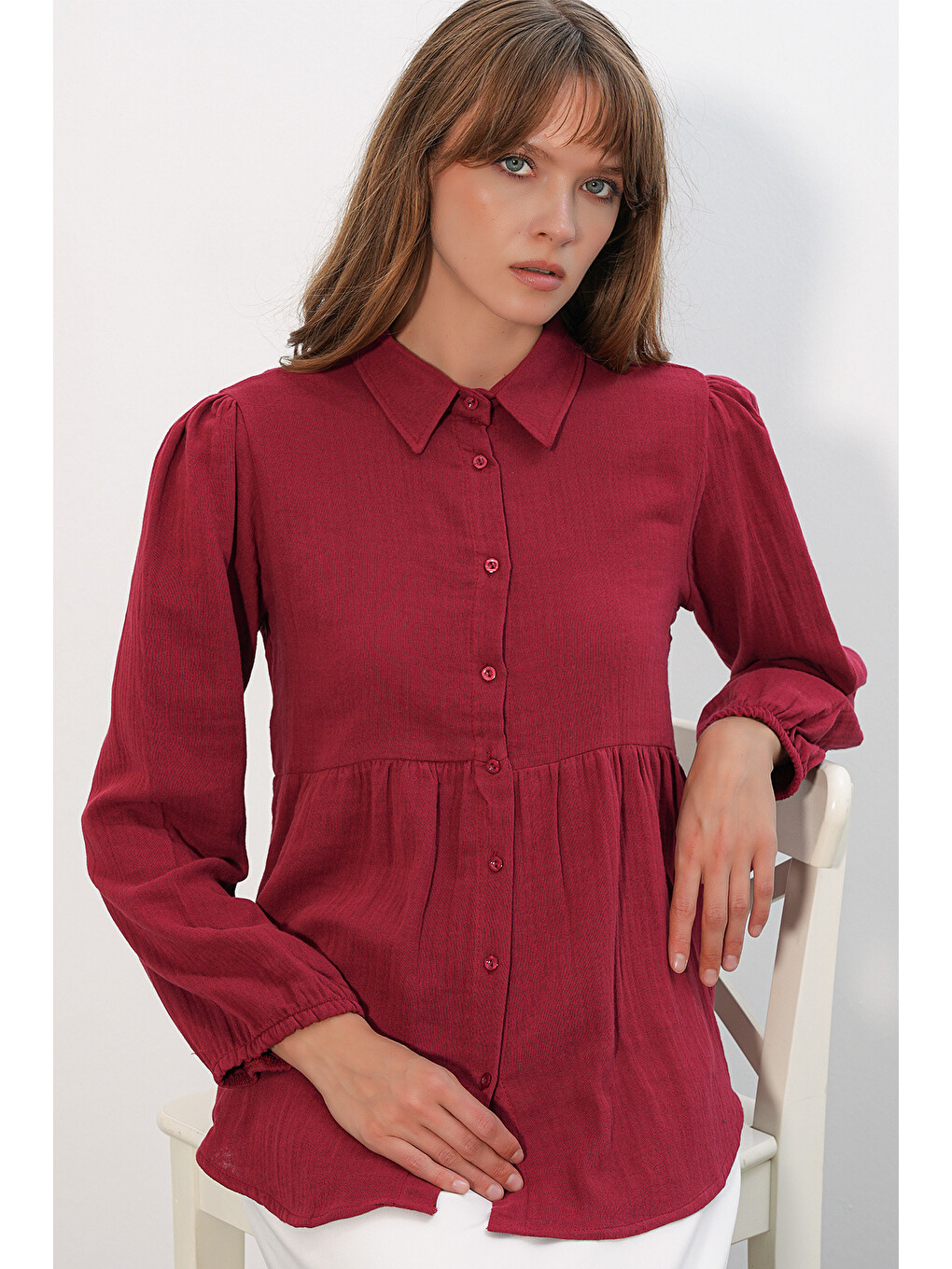Kadın Dokulu Oversize Keten Gömlek 20381 - Bordo
