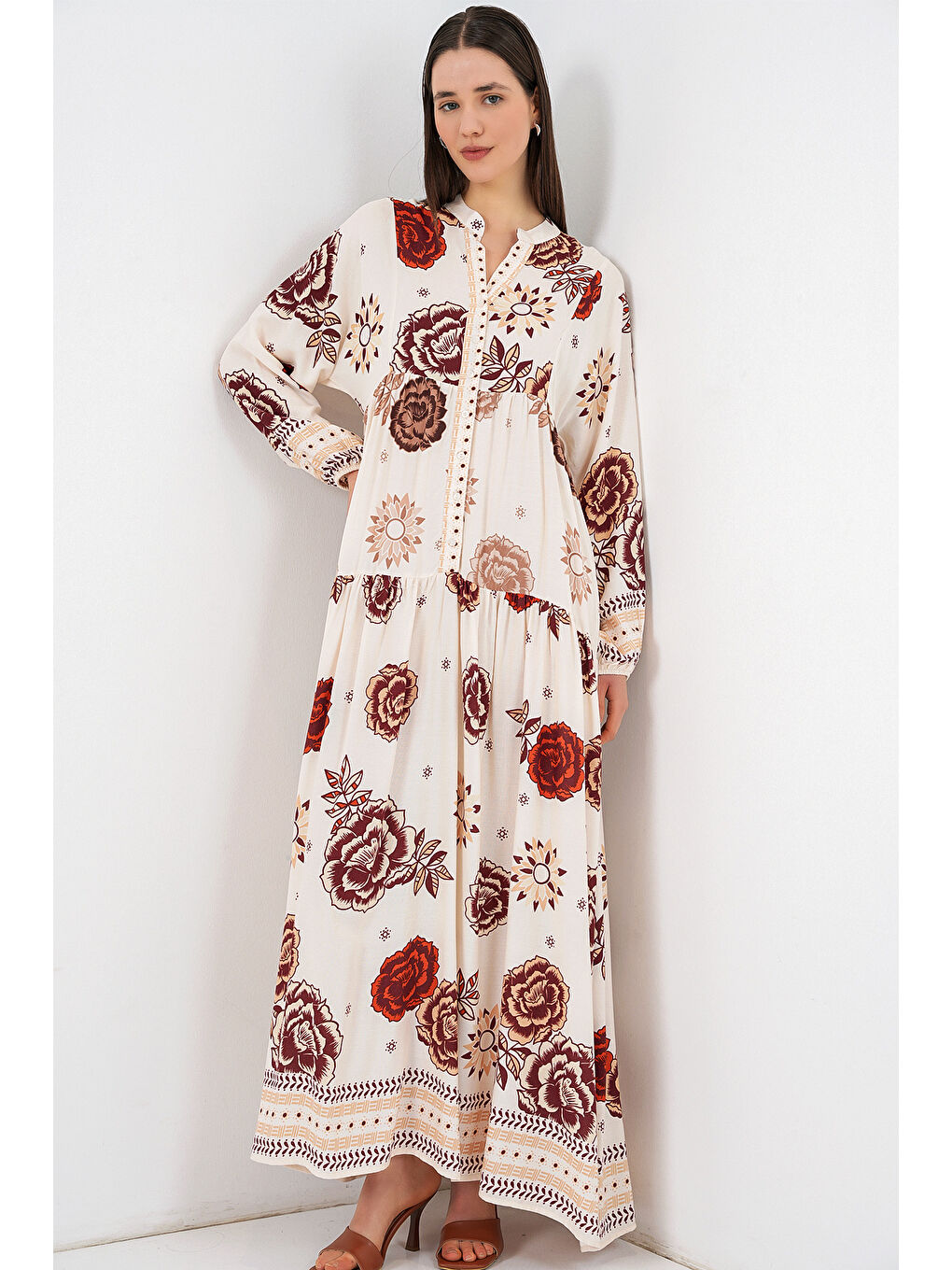 Kadın Desenli Uzun Tesettür Elbise 2585 - Z.Bej-3