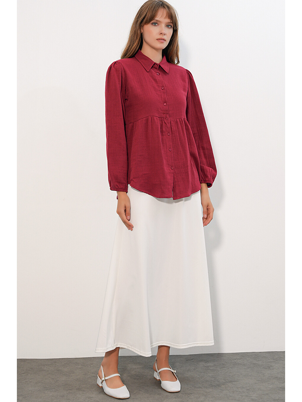 Kadın Dokulu Oversize Keten Gömlek 20381 - Bordo-1