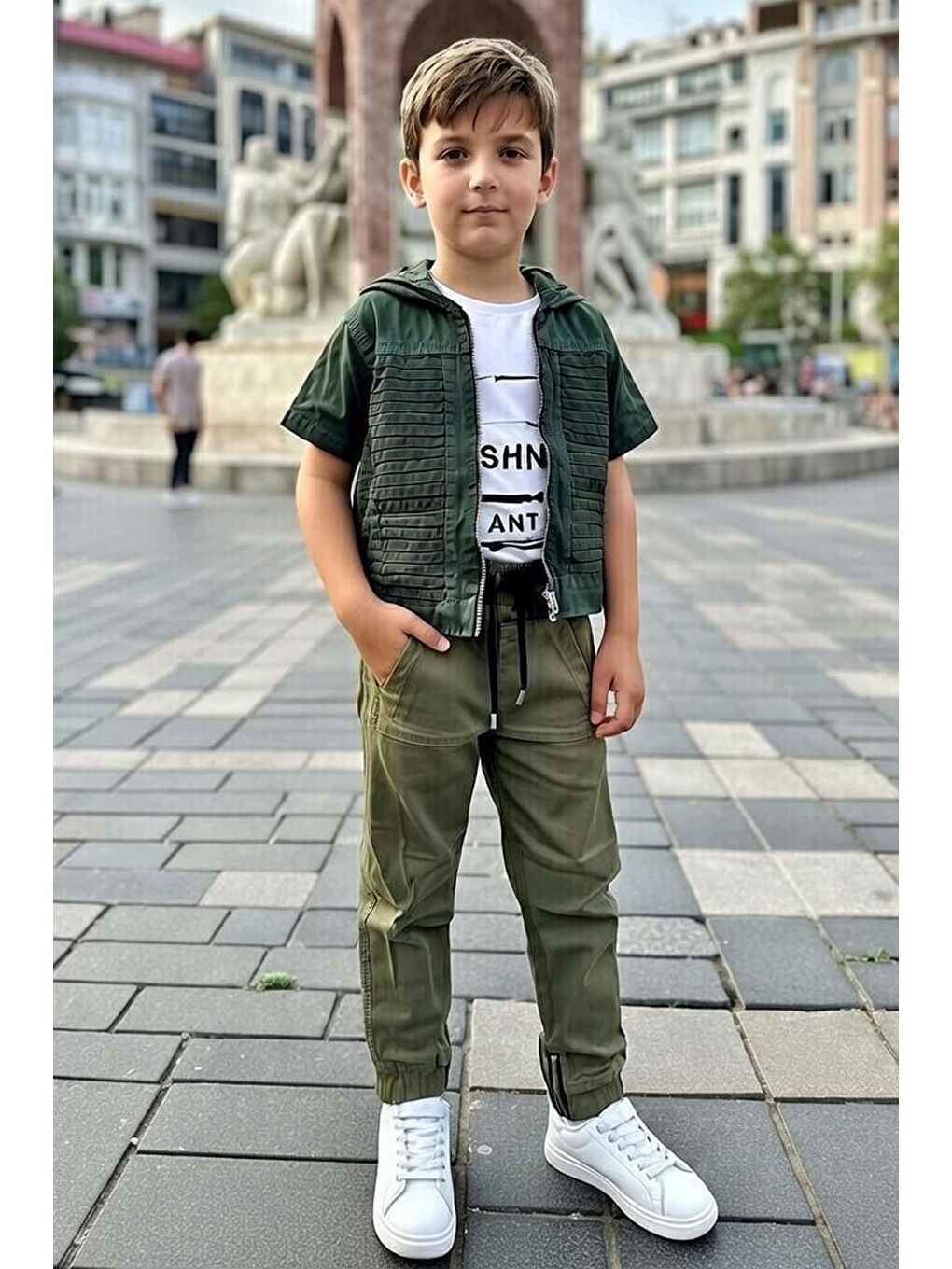 Erkek Çocuk Üzeri Şerit Detaylı Kapüşonlu Jean Ceket Freshness Baskılı T-Shirt Haki Alt Üst Takım-1