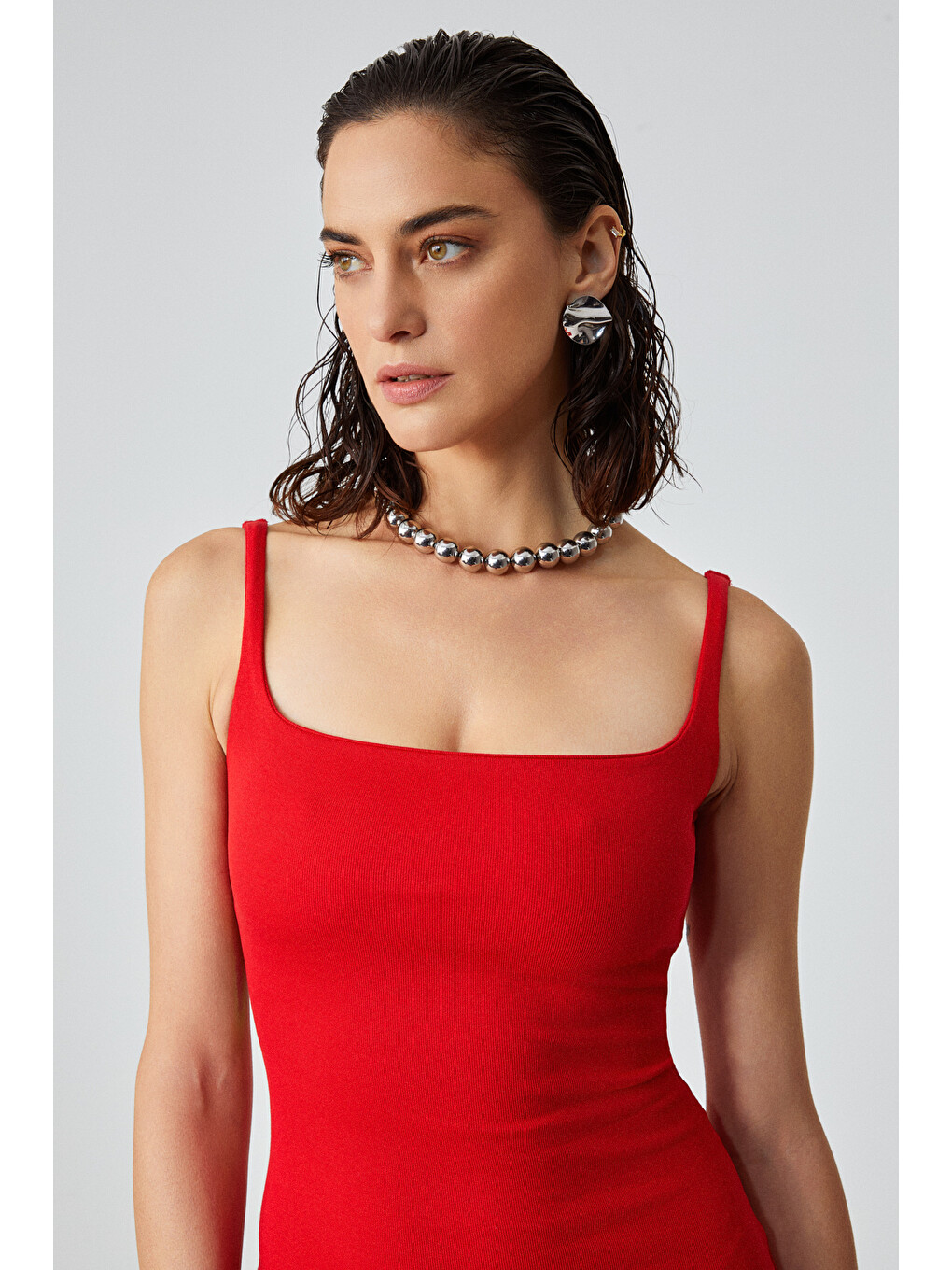 Rınıa Kadın Slim Fit Geniş Yaka Askılı Kırmızı Elbise-3