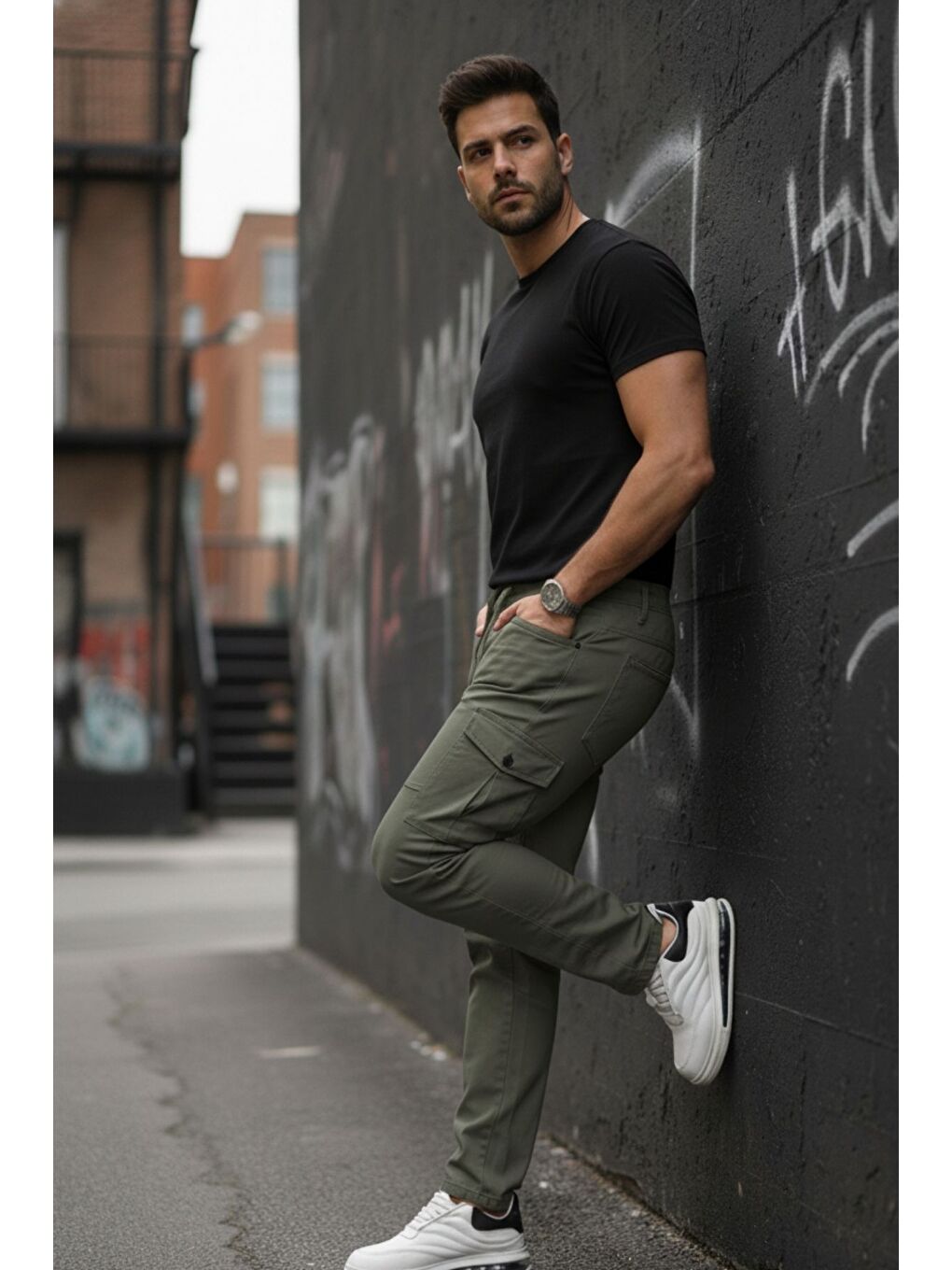 Haki Erkek Yıkamalı Elastanlı Kumaş Kargo Bel Paça Lastikli-3