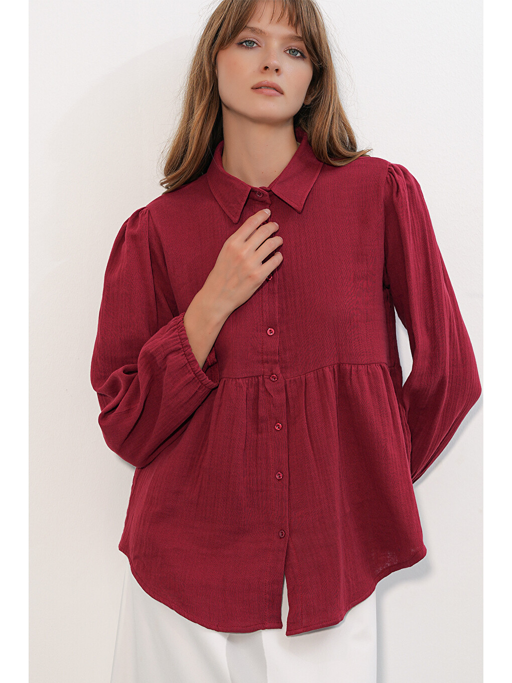 Kadın Dokulu Oversize Keten Gömlek 20381 - Bordo-2