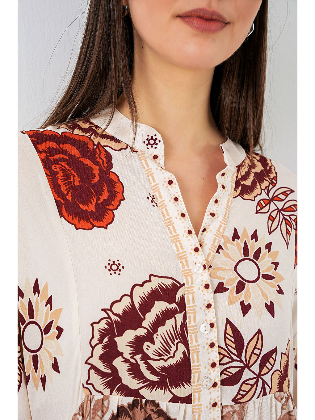 Kadın Desenli Uzun Tesettür Elbise 2585 - Z.Bej-4