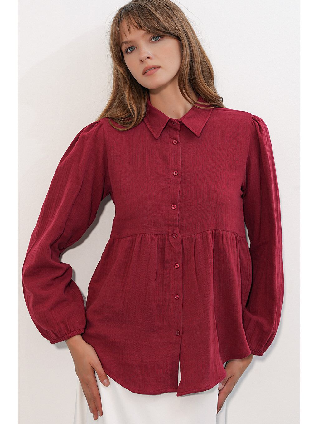 Kadın Dokulu Oversize Keten Gömlek 20381 - Bordo-3
