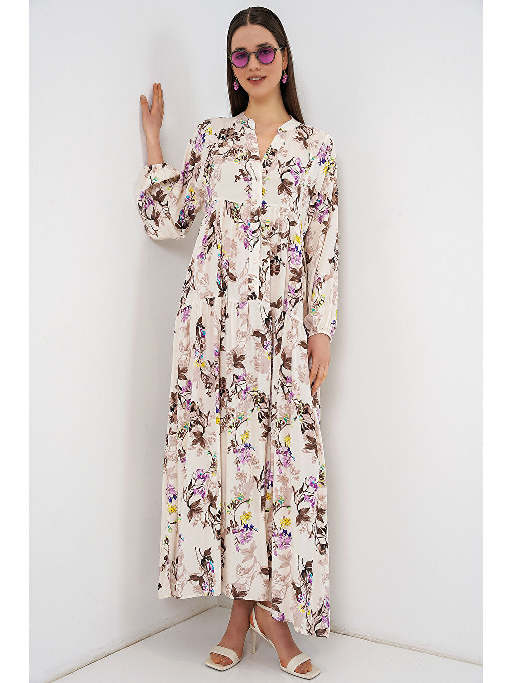 Kadın Desenli Uzun Tesettür Elbise 2585 - I. Kahverengi-1