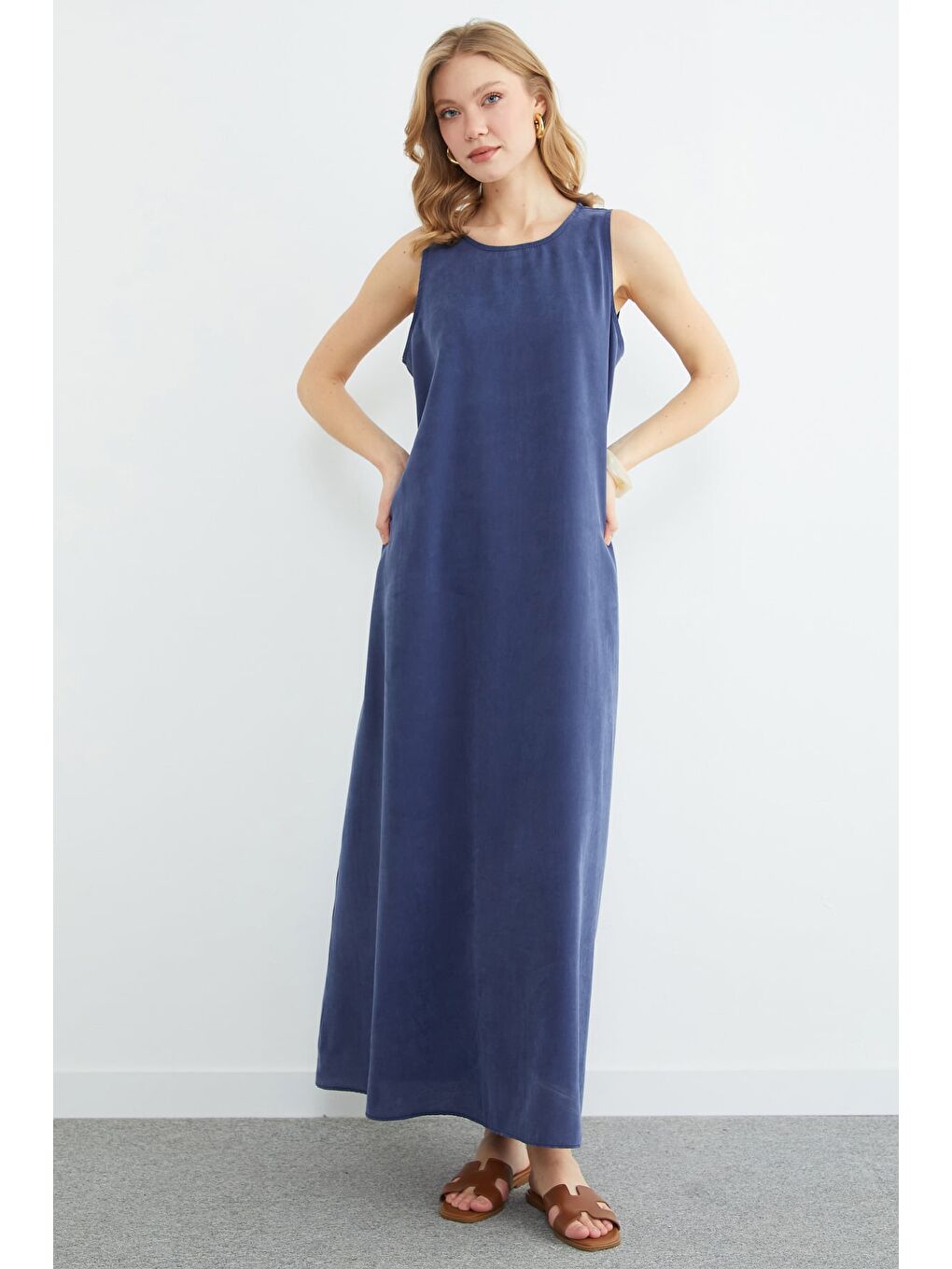 Lacivert Fermuarlı Salaş Maxi Boy Elbise-2