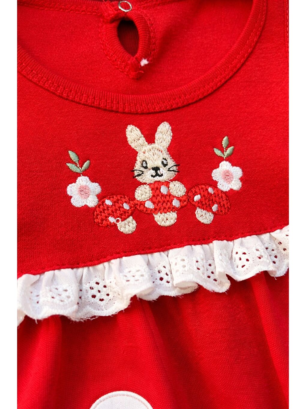 Kırmızı Kız Bebek Tavşanlı Dantelli 3lü Romper Elbise Takımı Saç Bandı Dahil-3