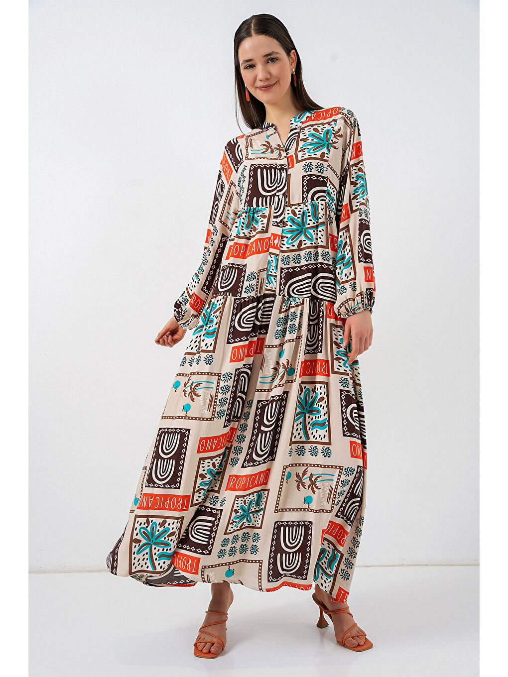 Kahverengi Kadın Desenli Uzun Tesettür Elbise 2585 - Koyu Kahve