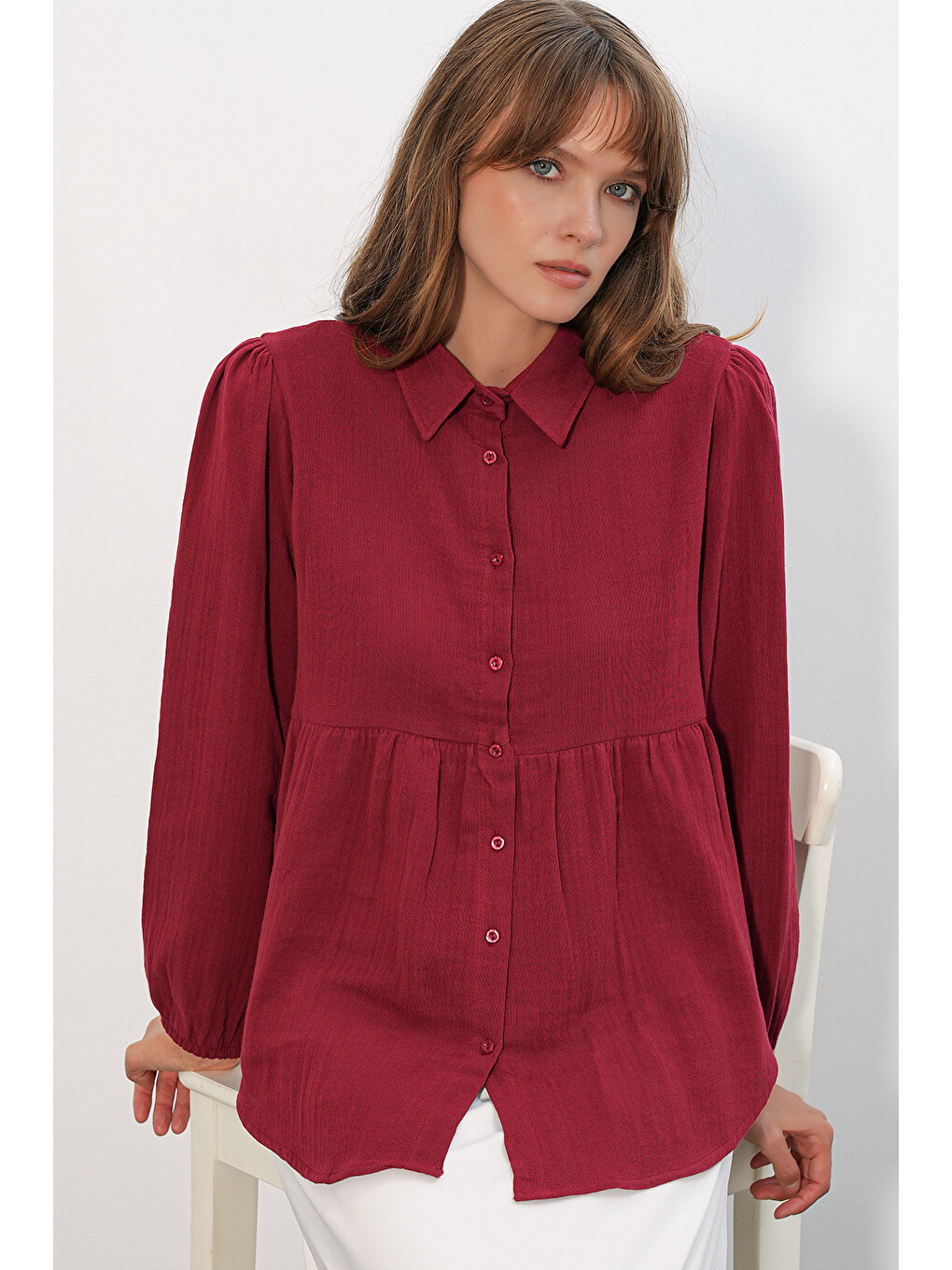 Kadın Dokulu Oversize Keten Gömlek 20381 - Bordo-4