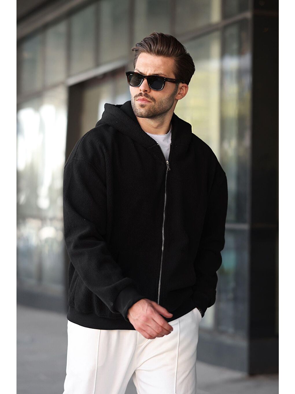 Siyah Kapüşonlu Erkek Polar Hırka E7168-2