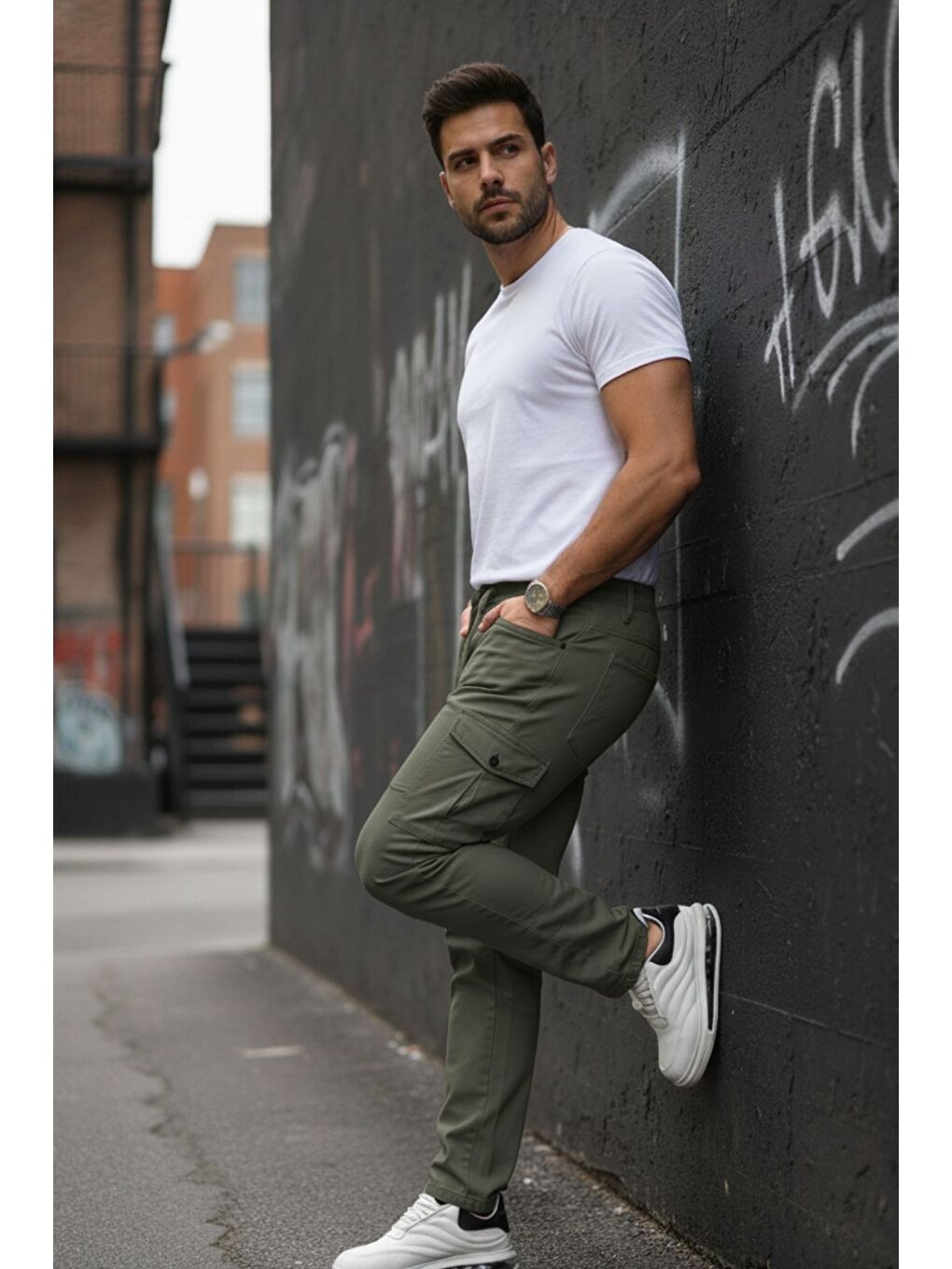 Haki Erkek Yıkamalı Elastanlı Kumaş Kargo Bel Paça Lastikli-4