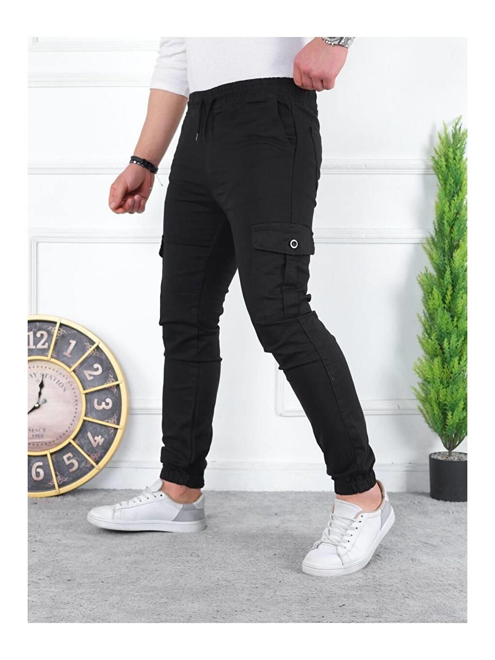 Siyah Erkek Yıkamalı Elastanlı Kumaş Kargo Bel Paça Lastikli-1
