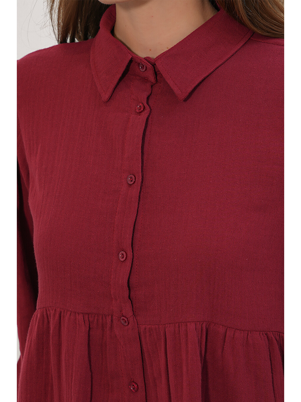 Kadın Dokulu Oversize Keten Gömlek 20381 - Bordo-5