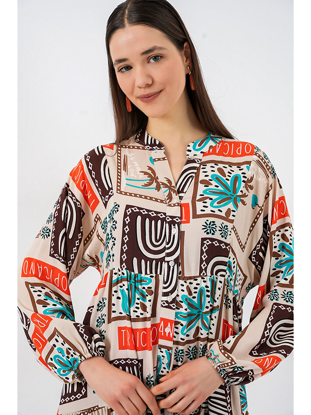 Kahverengi Kadın Desenli Uzun Tesettür Elbise 2585 - Koyu Kahve-1