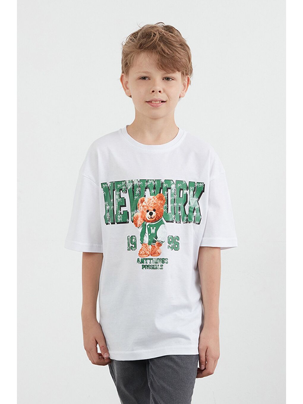 Beyaz Newyork Yazı Ve Ayıcık Baskılı Erkek Çocuk Tişört-1