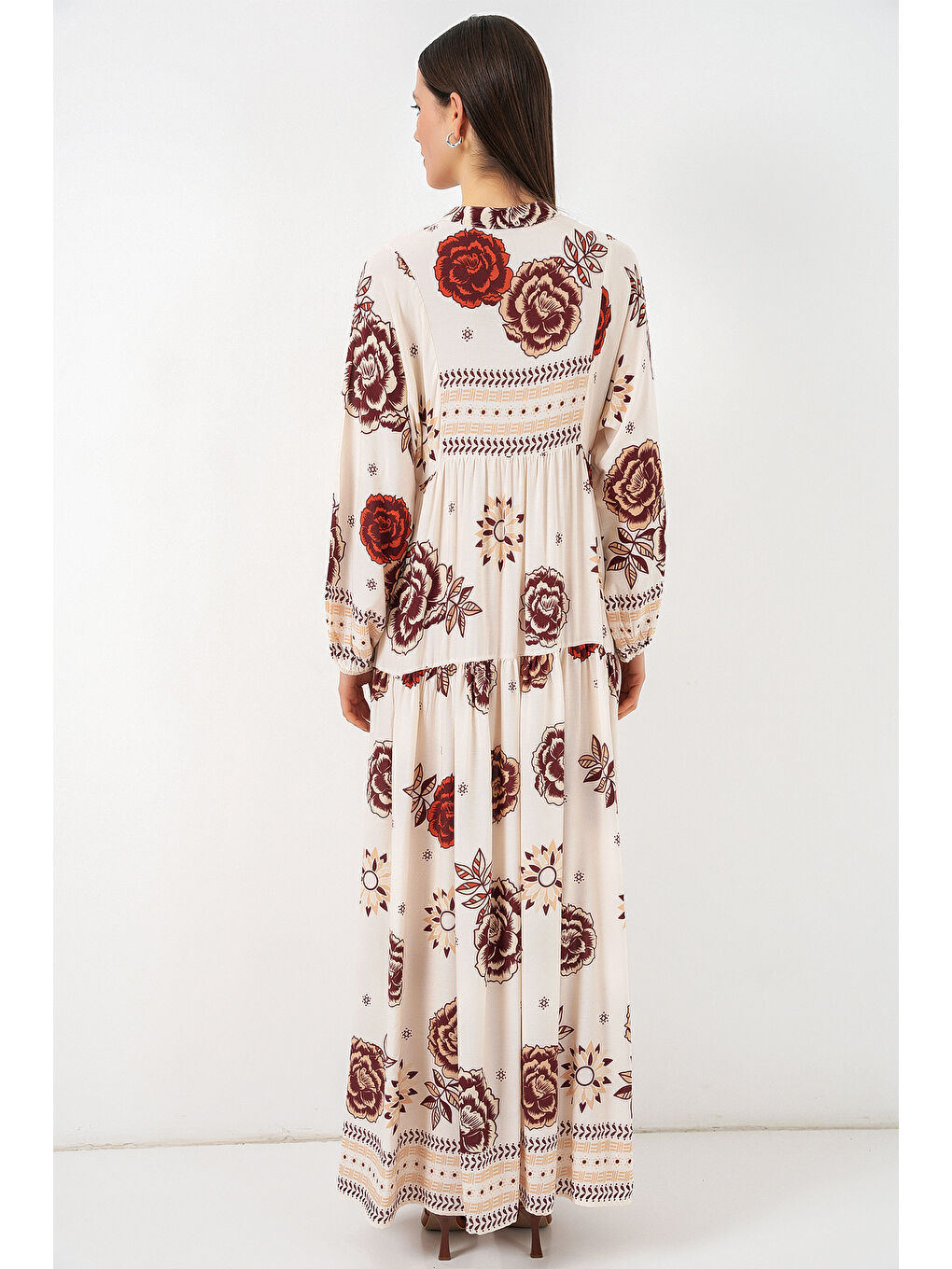 Kadın Desenli Uzun Tesettür Elbise 2585 - Z.Bej-5