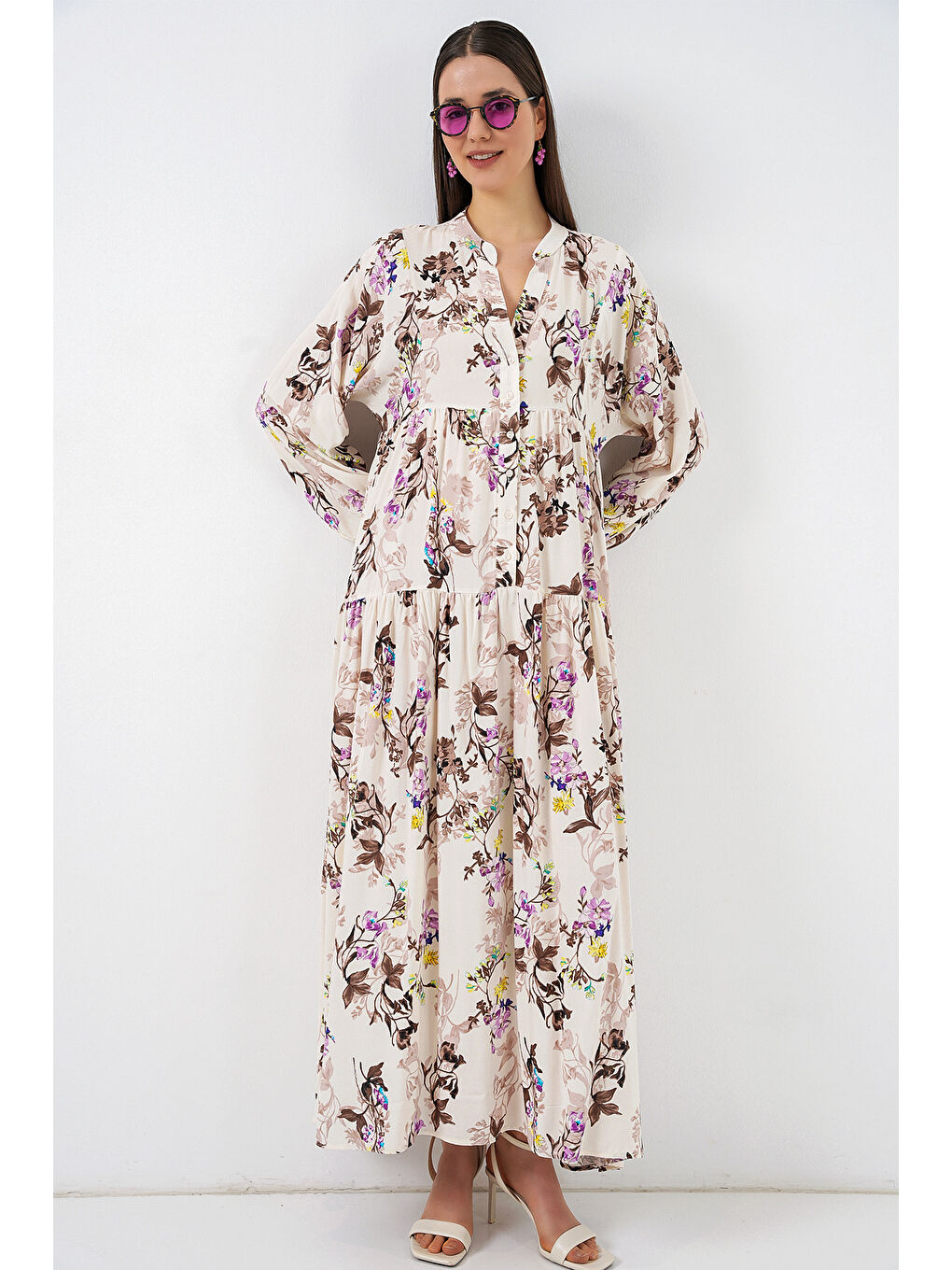 Kadın Desenli Uzun Tesettür Elbise 2585 - I. Kahverengi-2