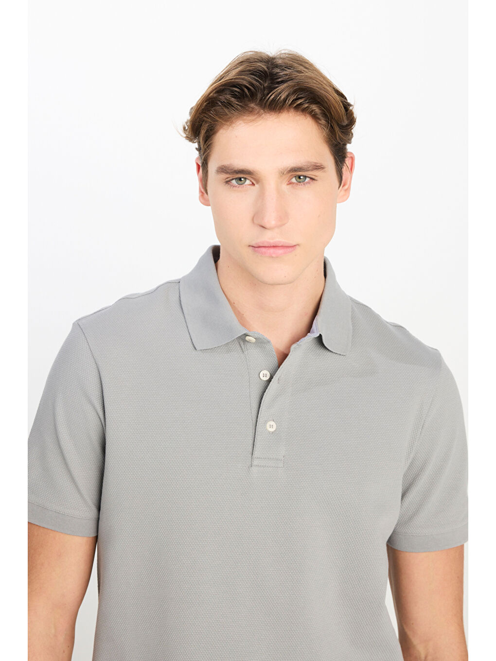 Regular Fit Normal Kesim Pamuklu Gri Polo Yaka Tişört-3