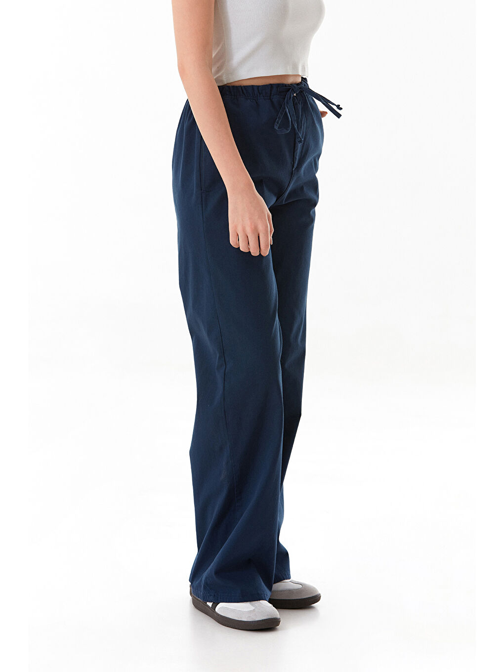 Lacivert Beli Lastikli Cepli Gabardin Palazzo Pantolon-4