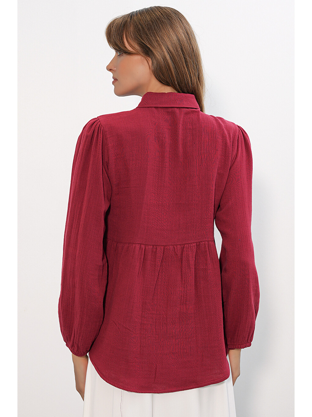 Kadın Dokulu Oversize Keten Gömlek 20381 - Bordo-6