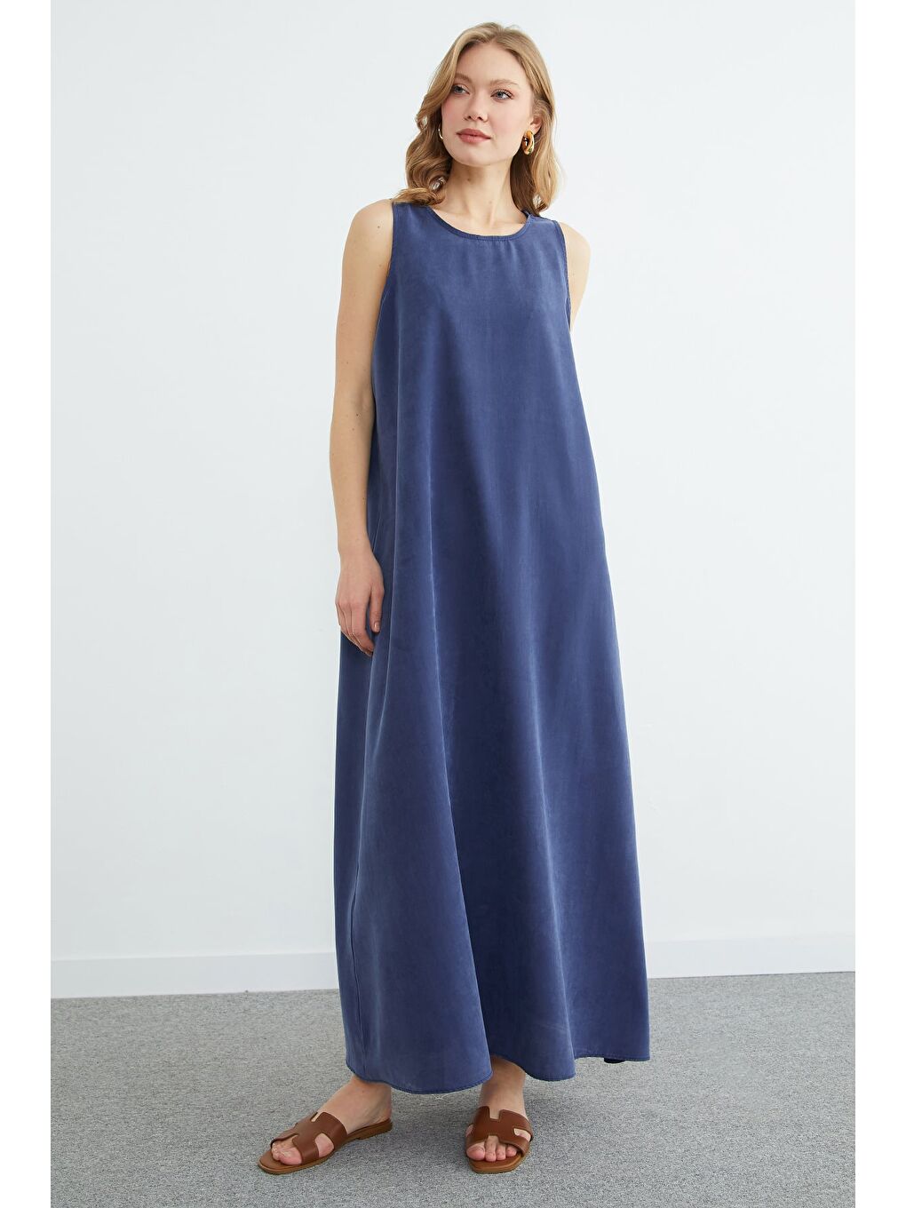 Lacivert Fermuarlı Salaş Maxi Boy Elbise-4