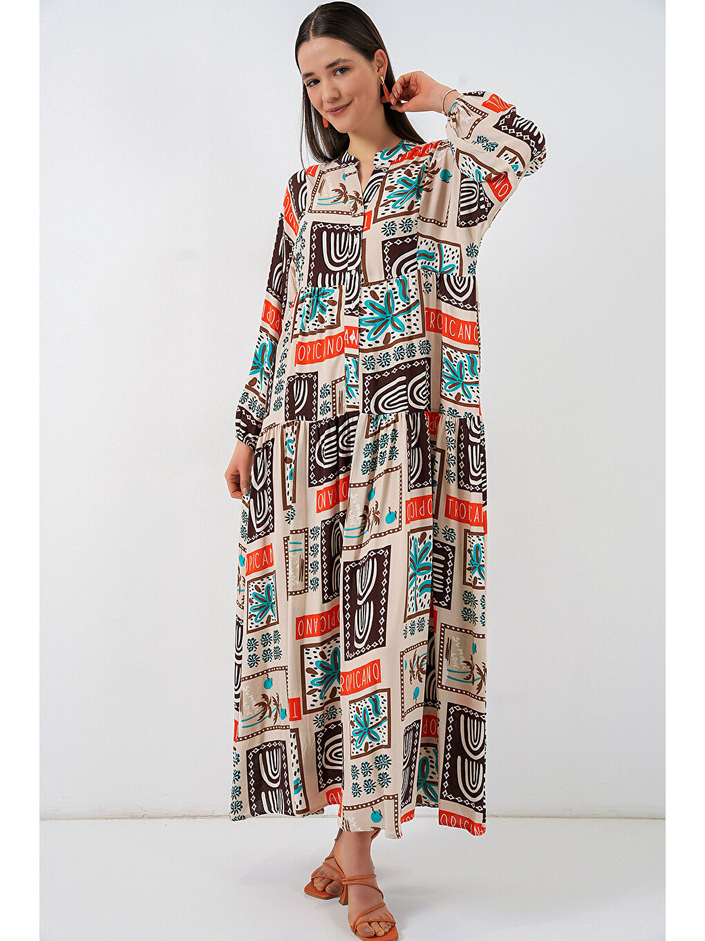 Kahverengi Kadın Desenli Uzun Tesettür Elbise 2585 - Koyu Kahve-2