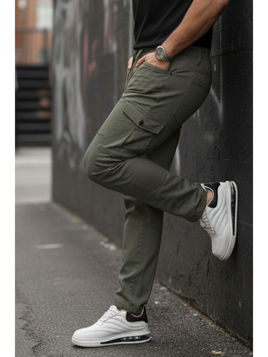Haki Erkek Yıkamalı Elastanlı Kumaş Kargo Bel Paça Lastikli-5