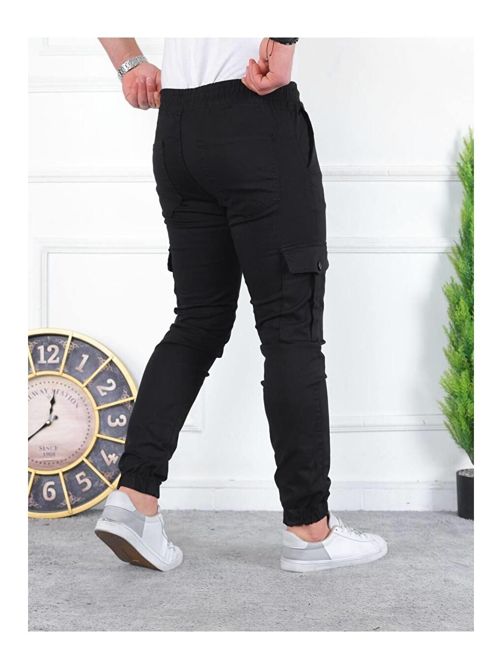 Siyah Erkek Yıkamalı Elastanlı Kumaş Kargo Bel Paça Lastikli-2
