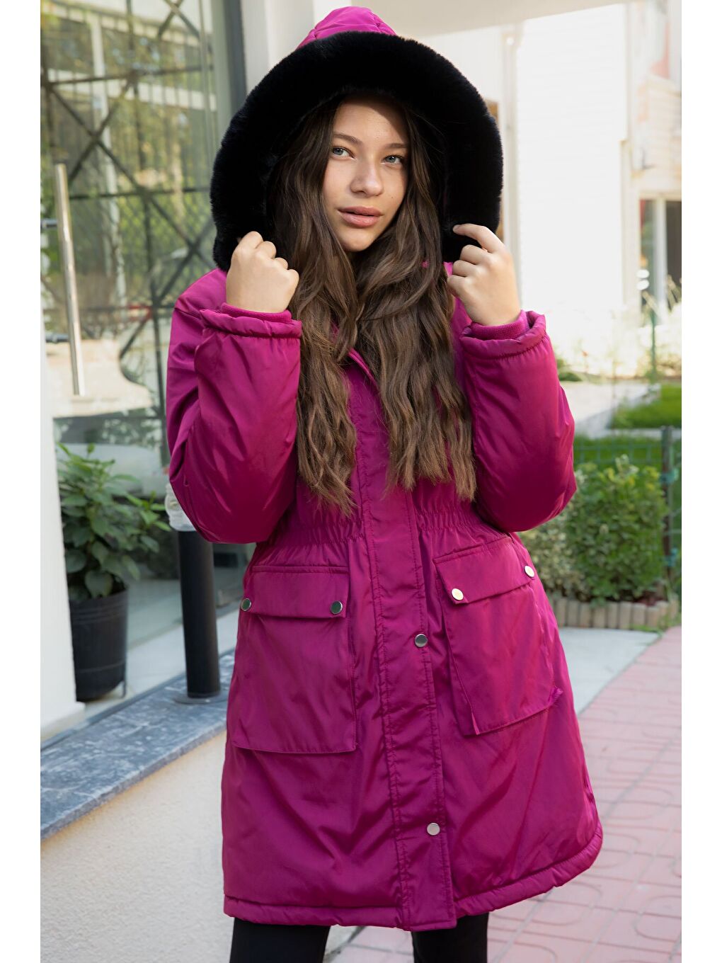 Fuşya Kapaklı Cepli İçi Kürklü Çıkarılabilir Kapüşonlu Kız Çocuk Şişme Mont 21482-2
