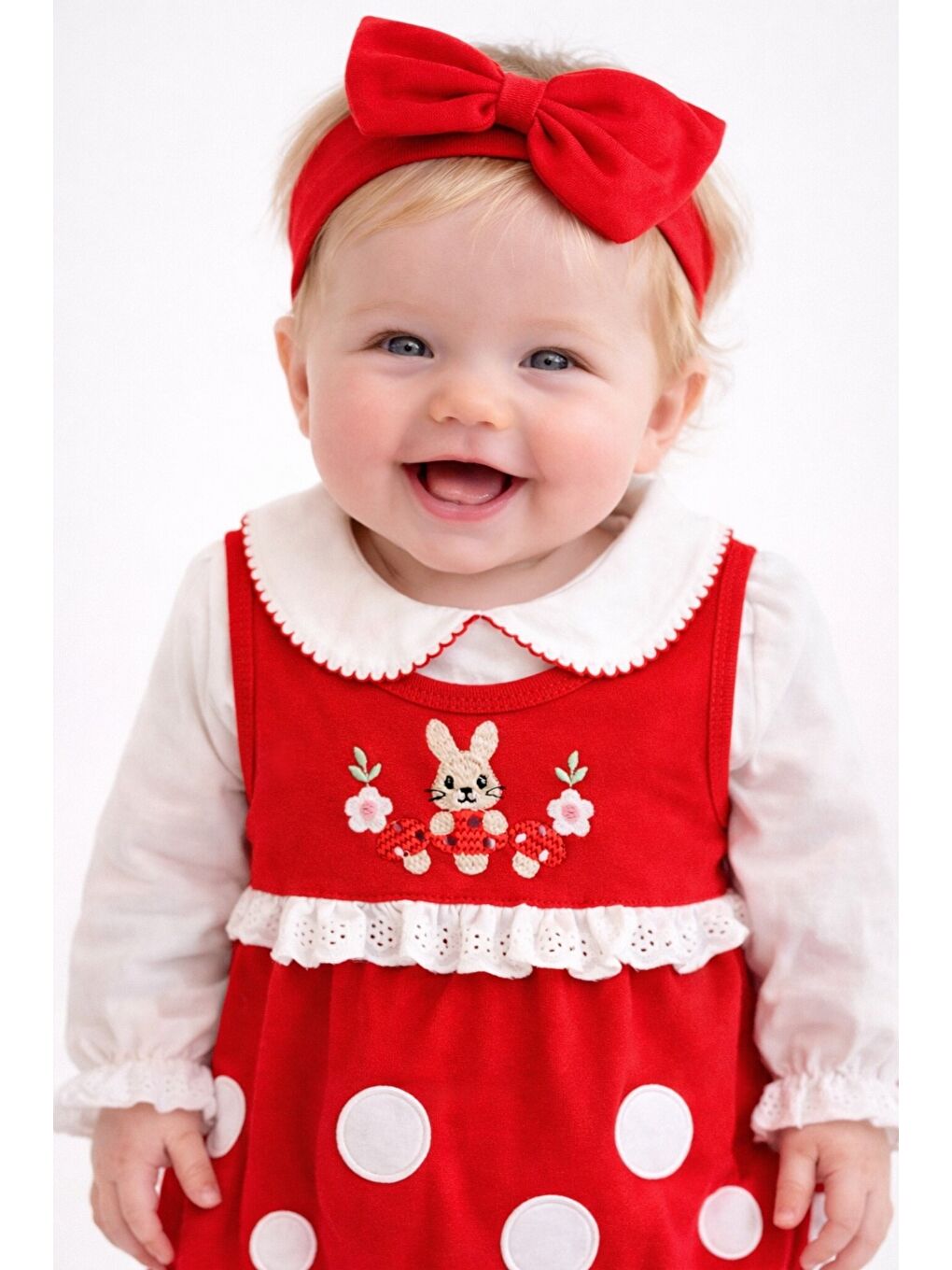 Kırmızı Kız Bebek Tavşanlı Dantelli 3lü Romper Elbise Takımı Saç Bandı Dahil-4