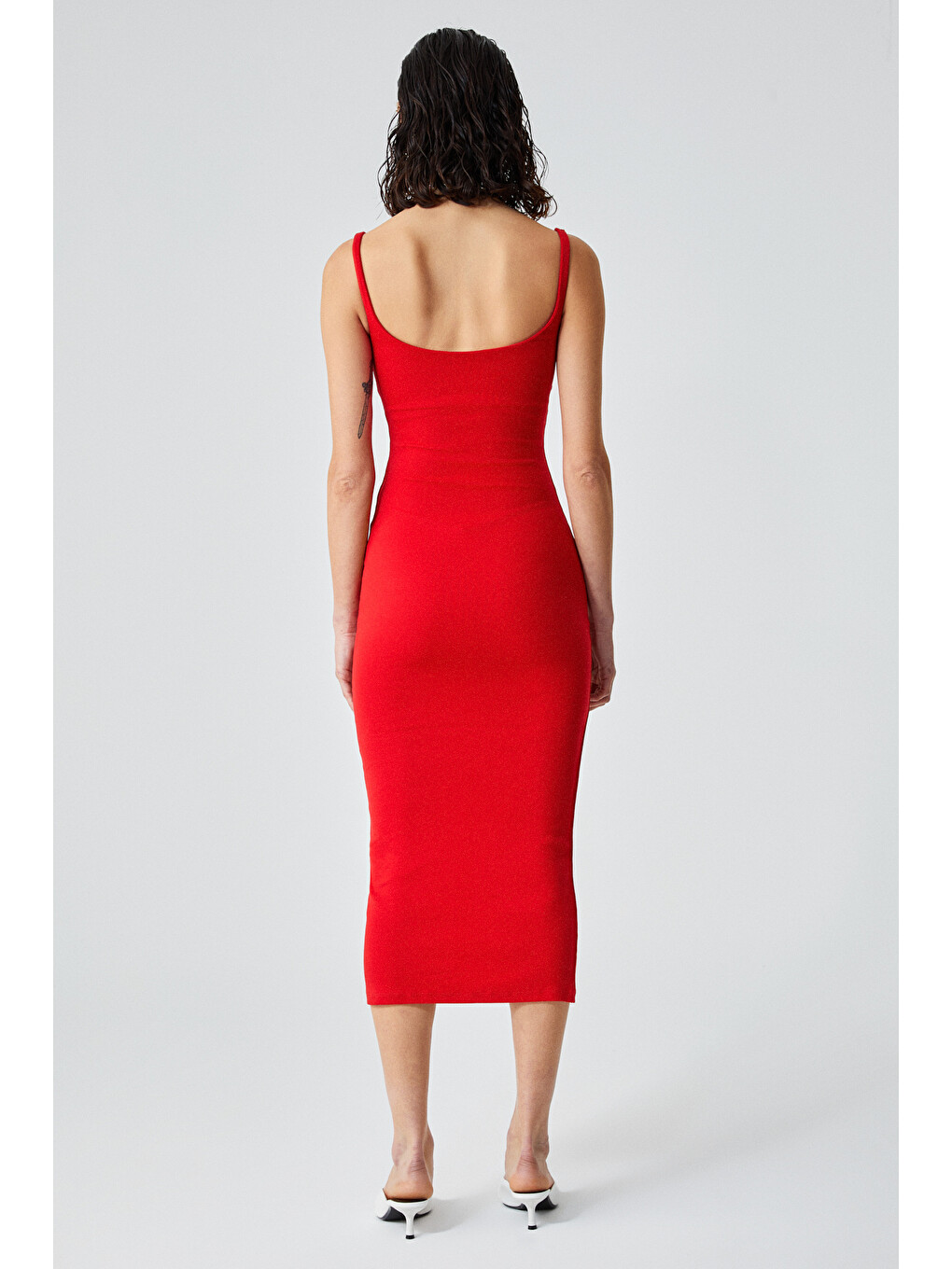 Rınıa Kadın Slim Fit Geniş Yaka Askılı Kırmızı Elbise-4