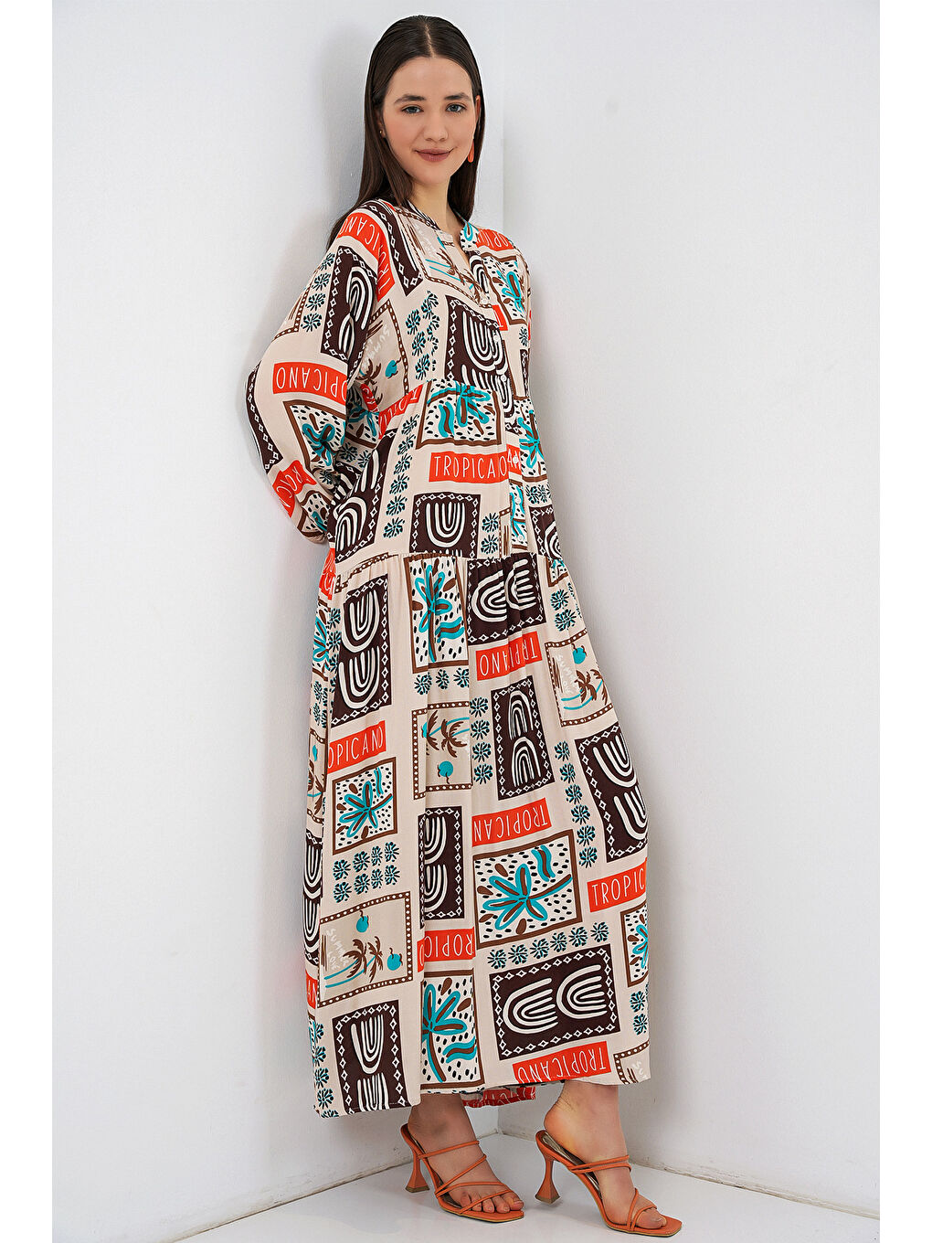 Kahverengi Kadın Desenli Uzun Tesettür Elbise 2585 - Koyu Kahve-3