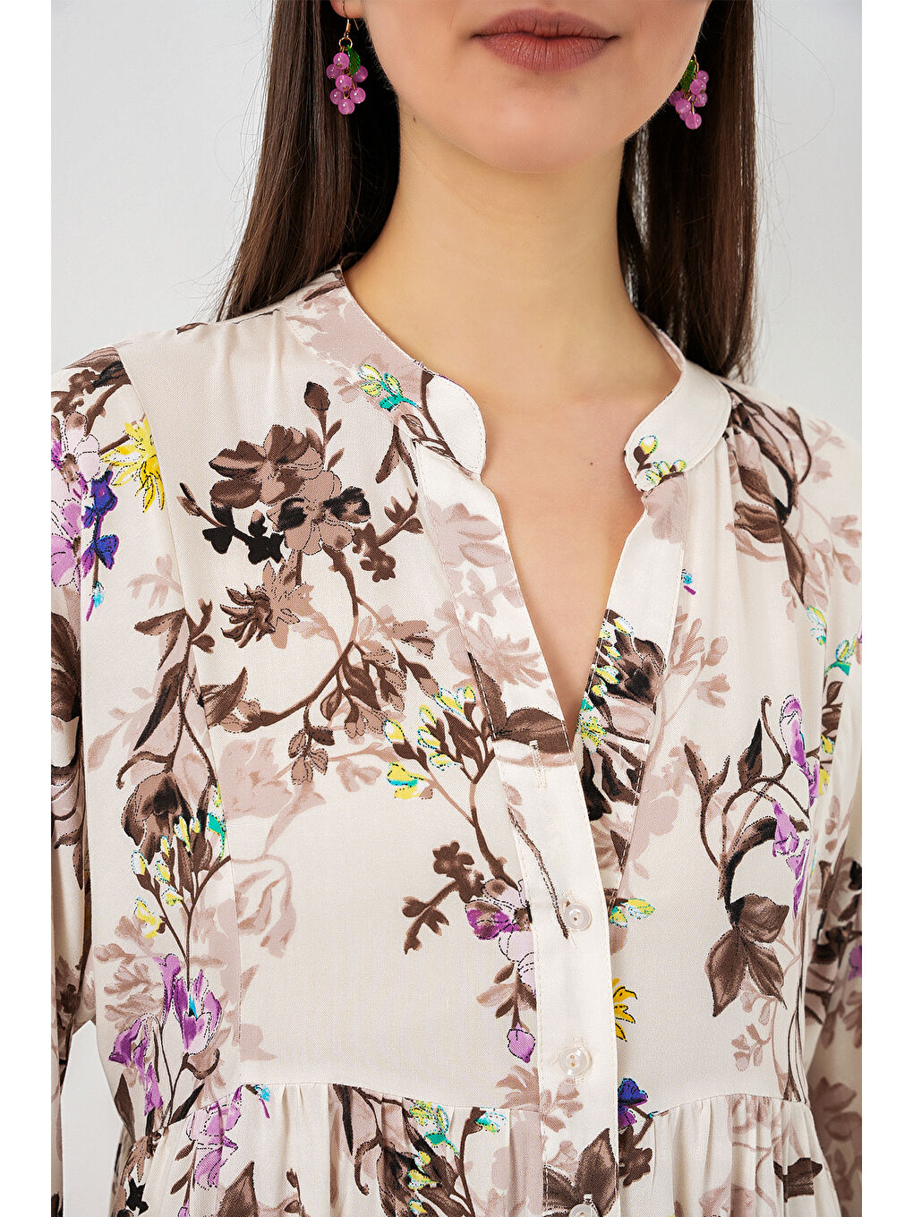 Kadın Desenli Uzun Tesettür Elbise 2585 - I. Kahverengi-3