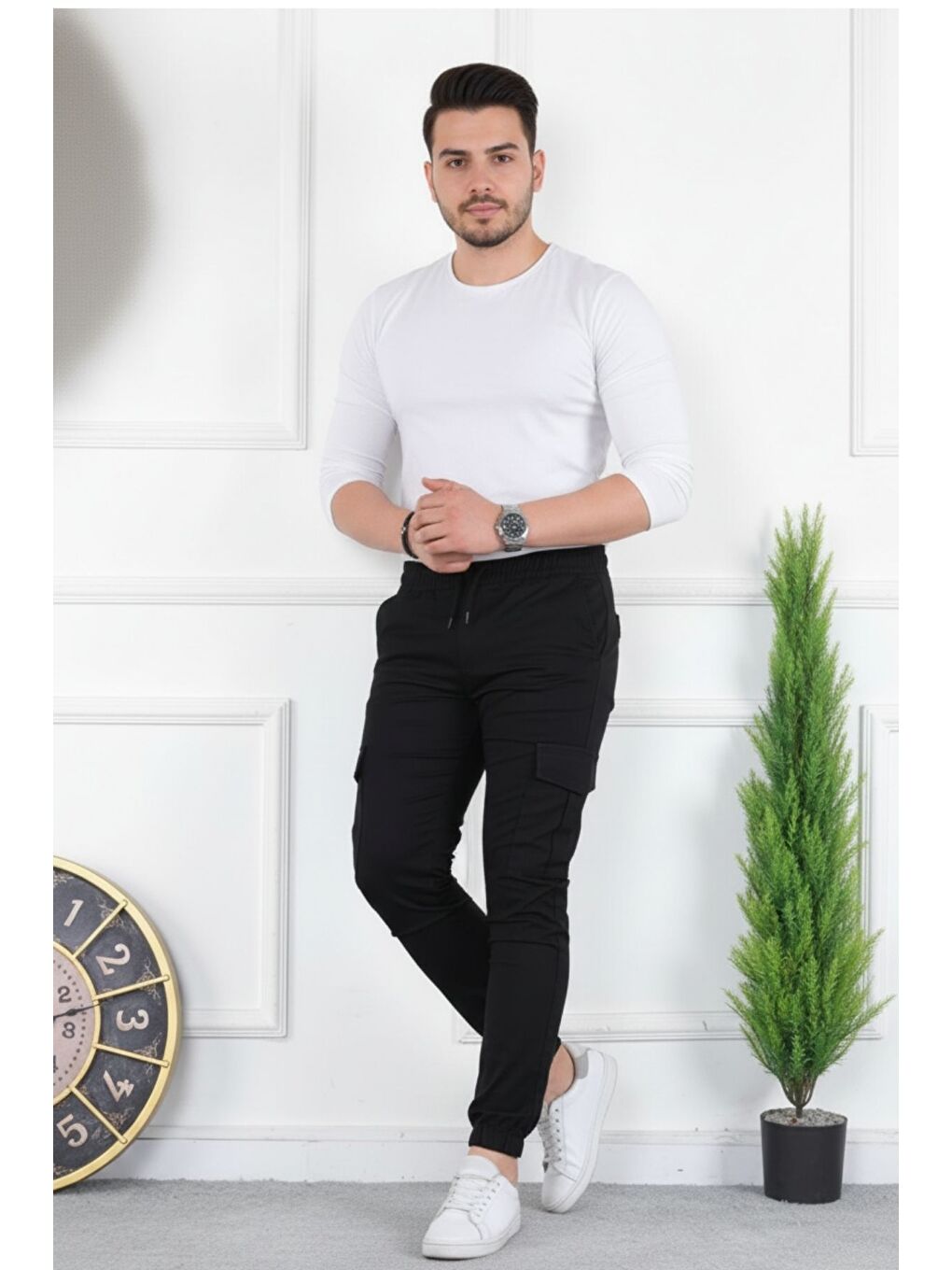 Siyah Erkek Yıkamalı Elastanlı Kumaş Kargo Bel Paça Lastikli-3