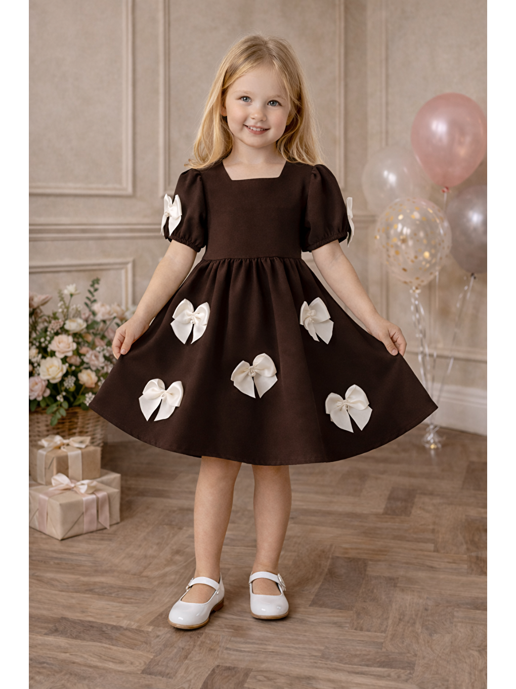 Kahverengi Bisiklet Yaka İncili Fiyonklu Kısa Kol Kahve Rengi Kız Çocuk Elbise