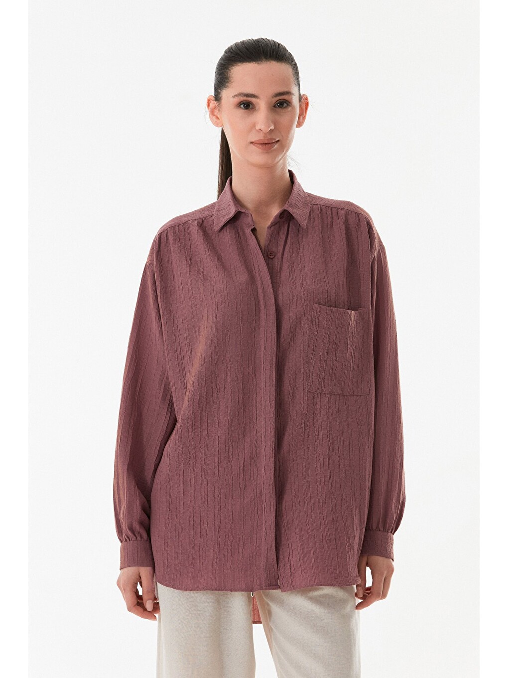 Pembe Basic Krep Kumaş Tek Cepli Oversize Gömlek