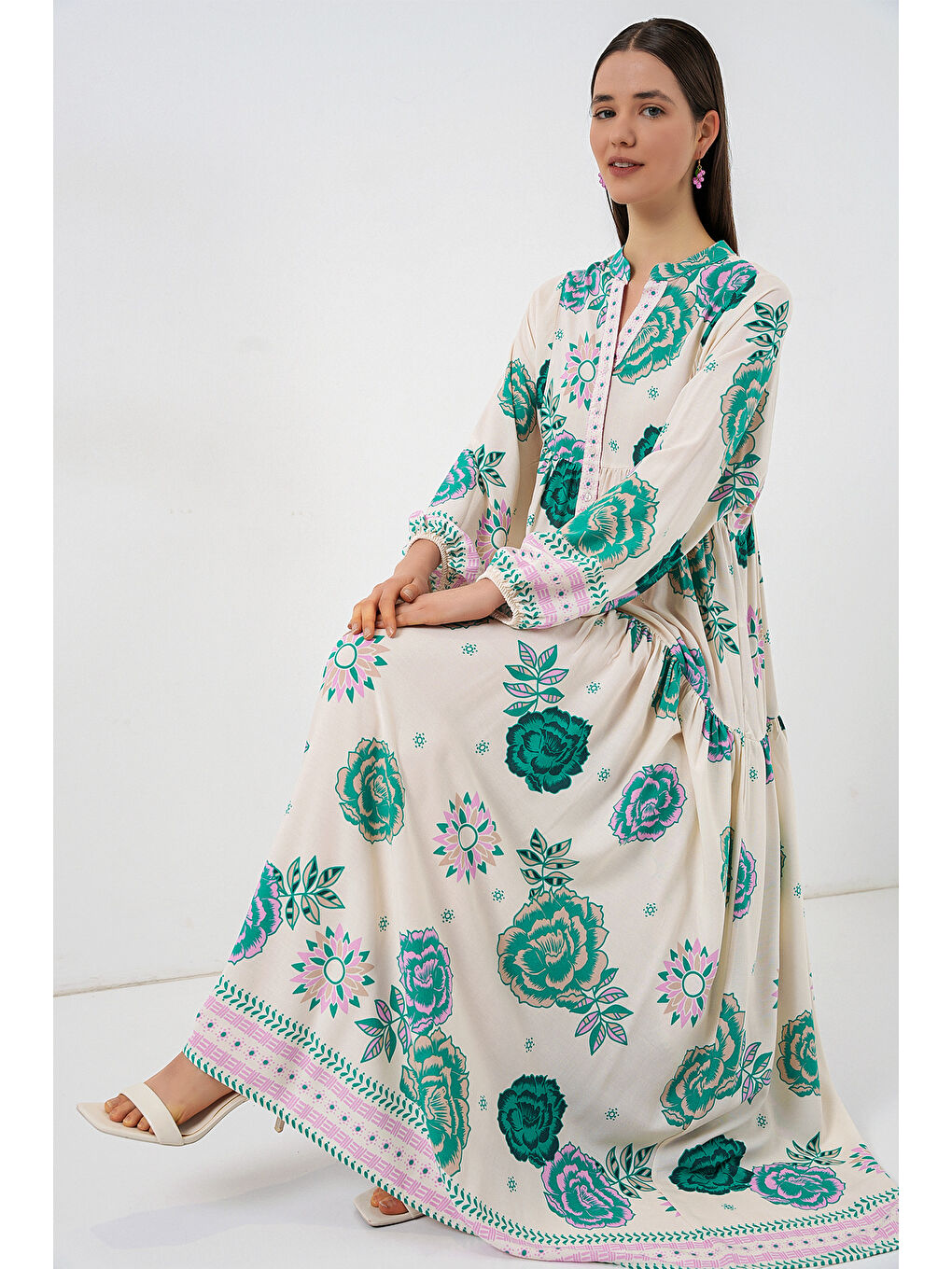 Kadın Desenli Uzun Tesettür Elbise 2585 - Yeşil 1