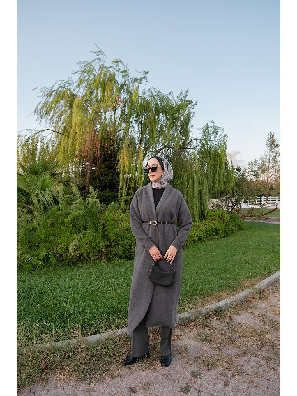 Gri Kadın Kemerli Triko Hırka Füme-1