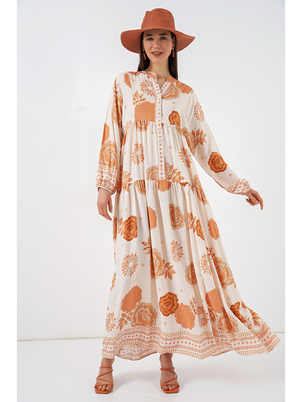 Kadın Desenli Uzun Tesettür Elbise 2585 - D. Turuncu