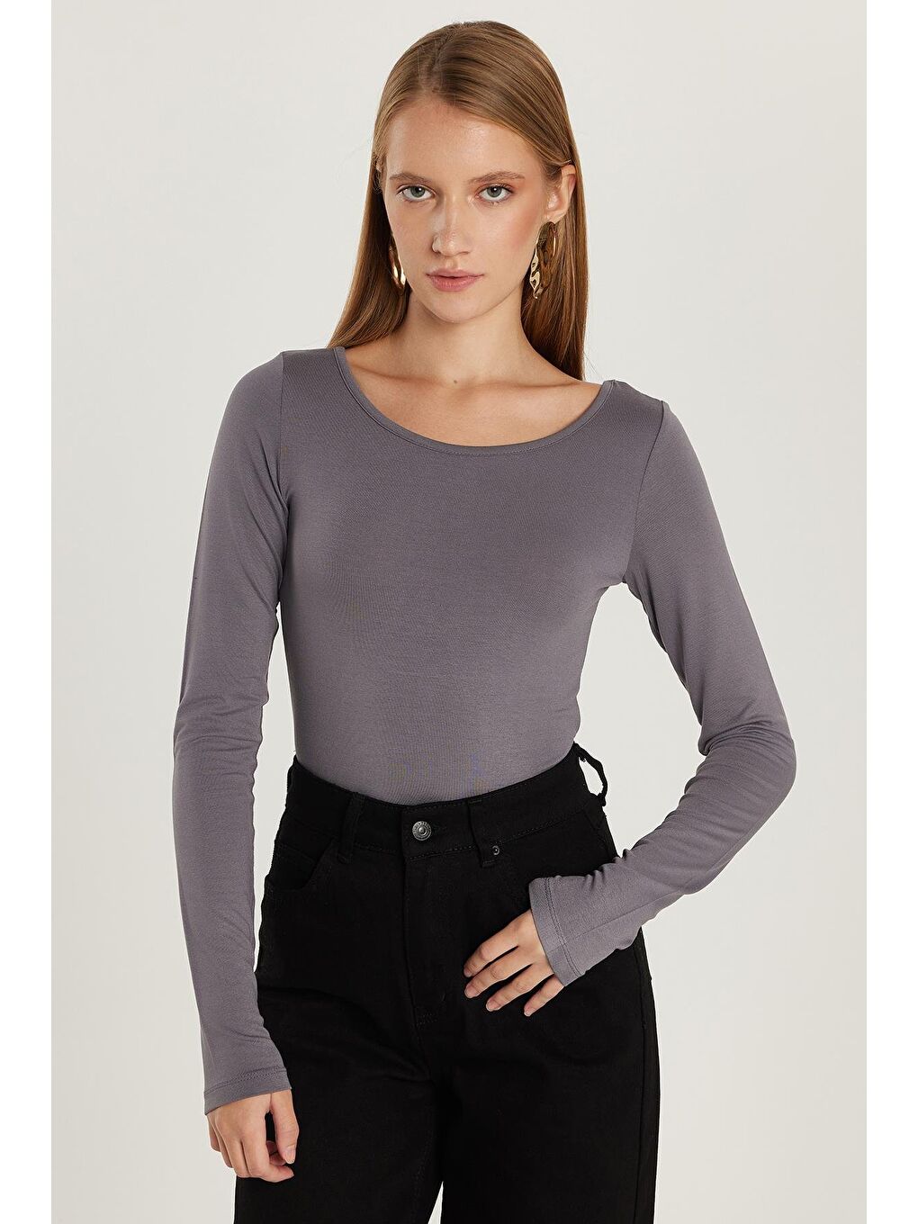 Kadın Slim Fit Dar Kesim Uzun Kollu Viskon Gri Bluz