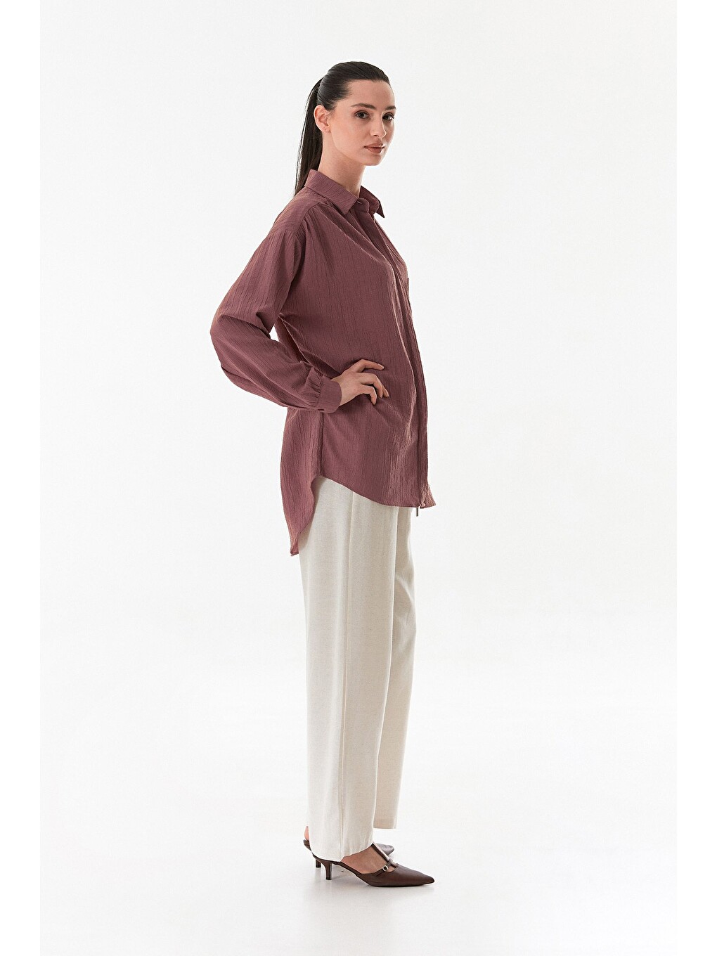 Pembe Basic Krep Kumaş Tek Cepli Oversize Gömlek-1
