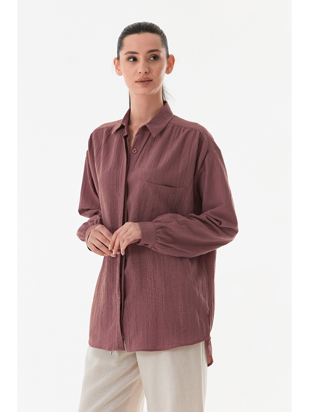 Pembe Basic Krep Kumaş Tek Cepli Oversize Gömlek-2