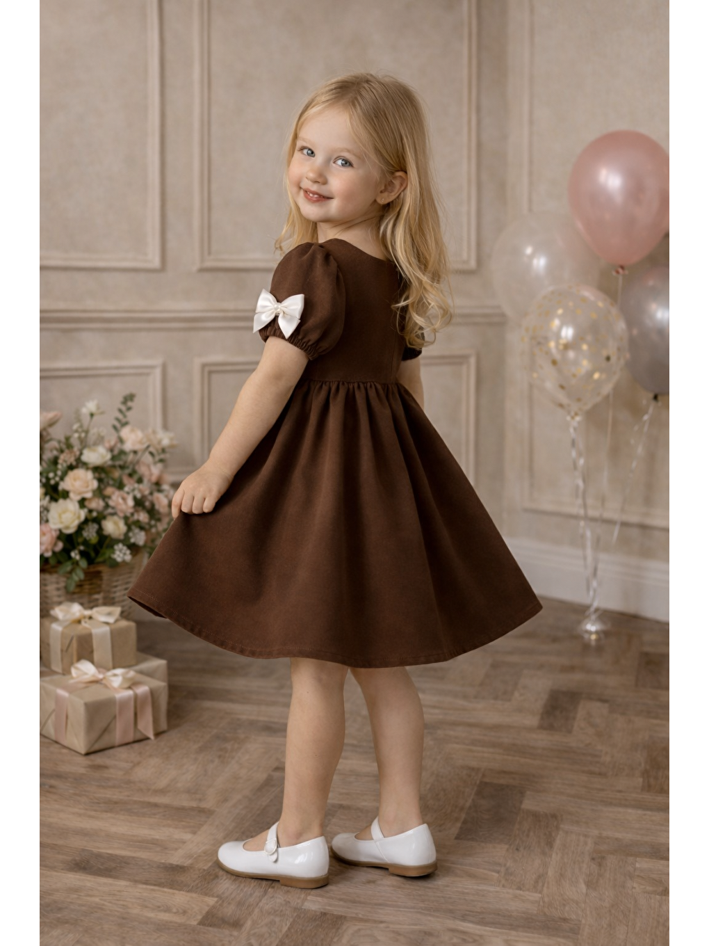 Kahverengi Bisiklet Yaka İncili Fiyonklu Kısa Kol Kahve Rengi Kız Çocuk Elbise-1