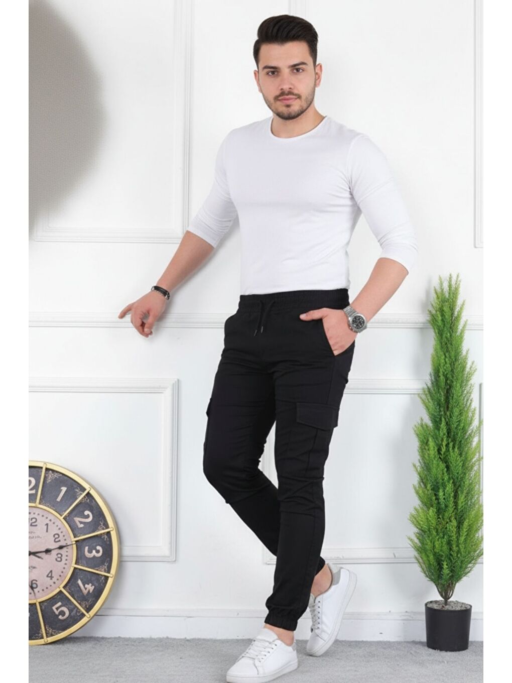 Siyah Erkek Yıkamalı Elastanlı Kumaş Kargo Bel Paça Lastikli-4