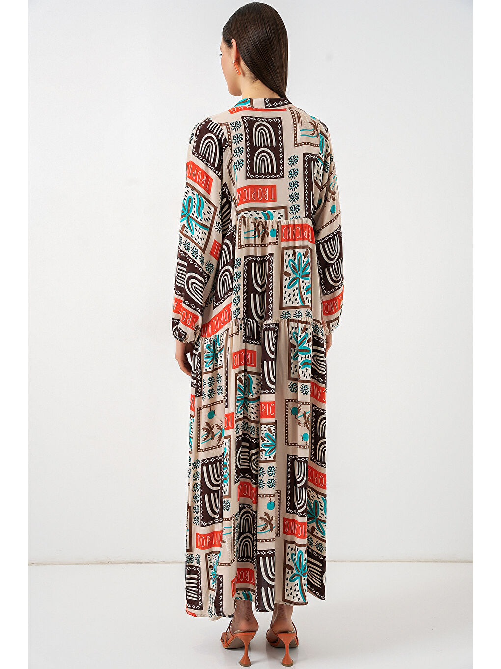 Kahverengi Kadın Desenli Uzun Tesettür Elbise 2585 - Koyu Kahve-5