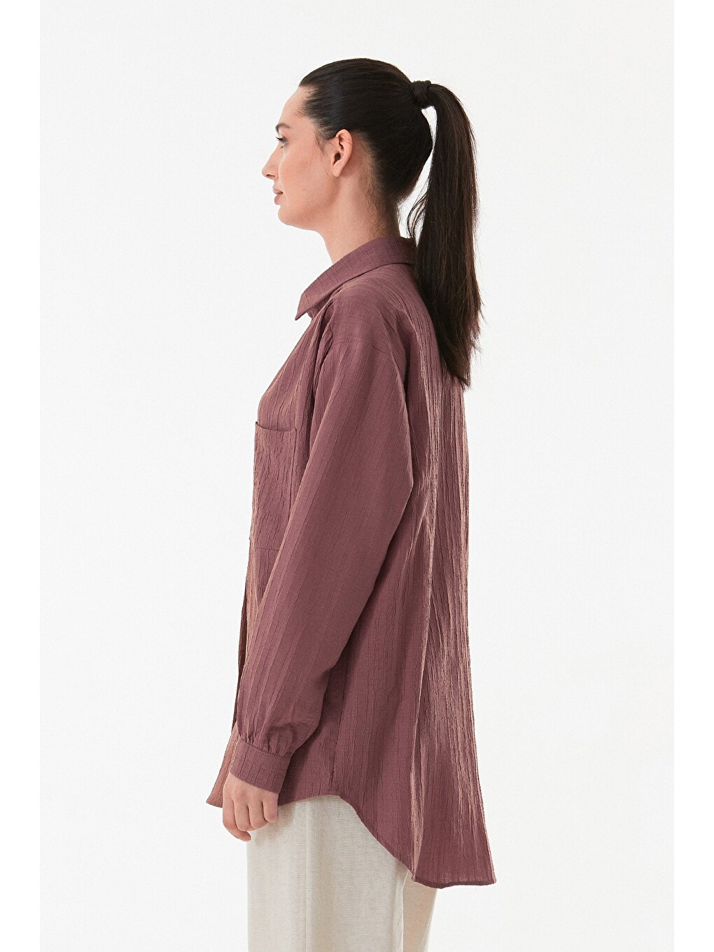 Pembe Basic Krep Kumaş Tek Cepli Oversize Gömlek-3