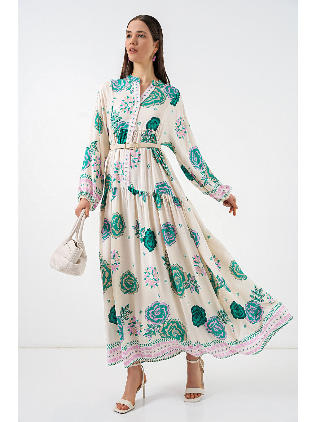 Kadın Desenli Uzun Tesettür Elbise 2585 - Yeşil 1-1